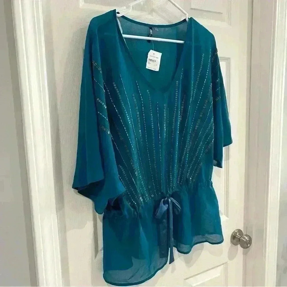 NWT KUT from the Kloth Women Blouse Sz XL Embellish Beaded Sheer Short Sleeve - Picture 2 of 10